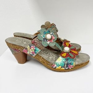 Spring Step L’Artiste Bari Platform Sandals Leather Floral Grey Multi 42